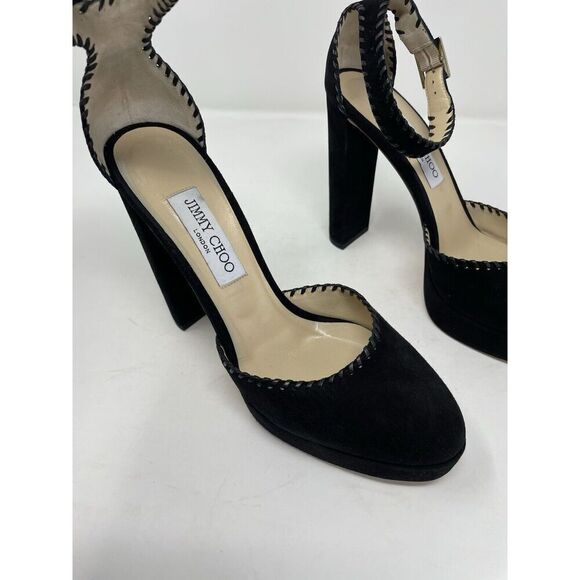 JIMMY CHOO Daphne Platform Heels Women 40 Ankle Strap Black Suede Leather - Picture 2 of 14